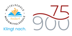 Auf dem Bild zu sehen ist das Logo der Schule Andorf. Daneben ist eine rote 75, die unten wellenartig abgeschnitten wird. Unter dieser rotten welle steht eine graue 900.