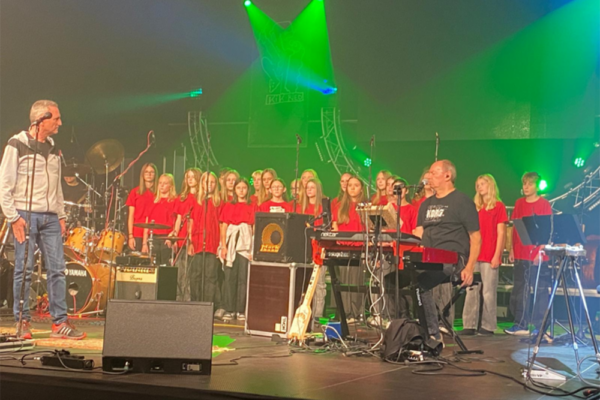 Das Bild zeigt einen Ausschnitt aus dem Konzert, der Klasse 3a. Das Bild wurde aus dem Publikum gemacht und zeigt die Bühne.
