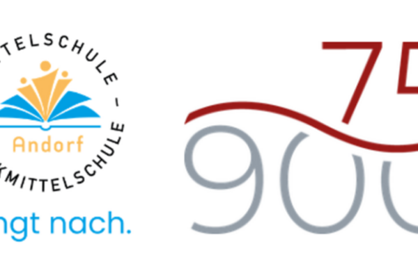 Auf dem Bild zu sehen ist das Logo der Schule Andorf. Daneben ist eine rote 75, die unten wellenartig abgeschnitten wird. Unter dieser rotten welle steht eine graue 900.
